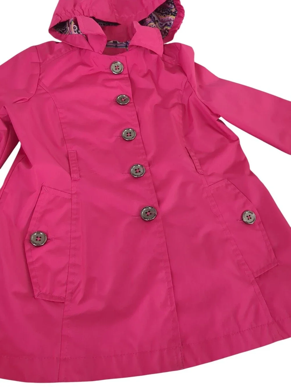 London Fog Girls Vibrant Pink Hooded Button Front Rain Jacket Size S/7/8
