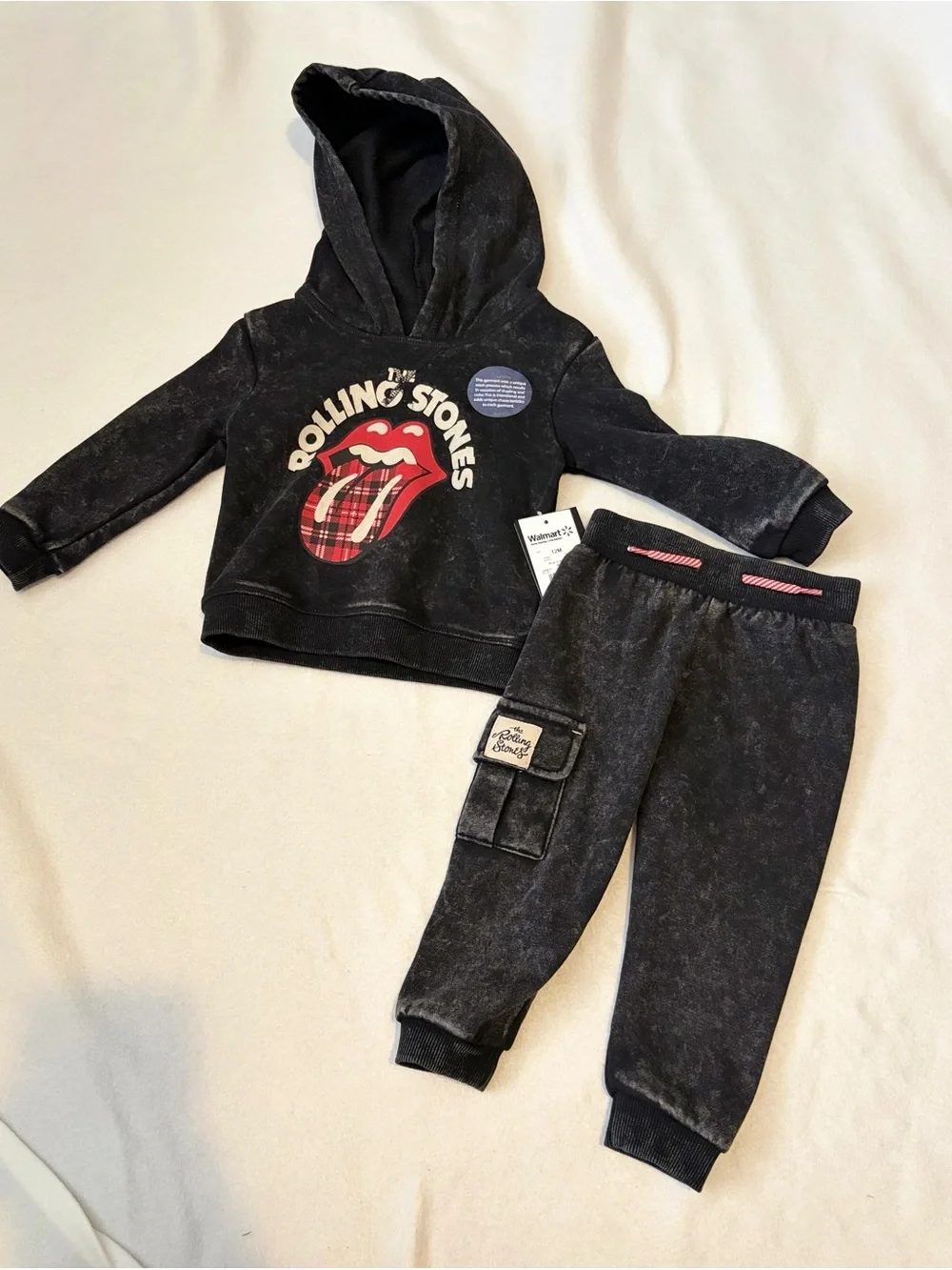 The Rolling Stones Black Hoodie Joggers Set with Red Plaid Tongue, Boy 12M.