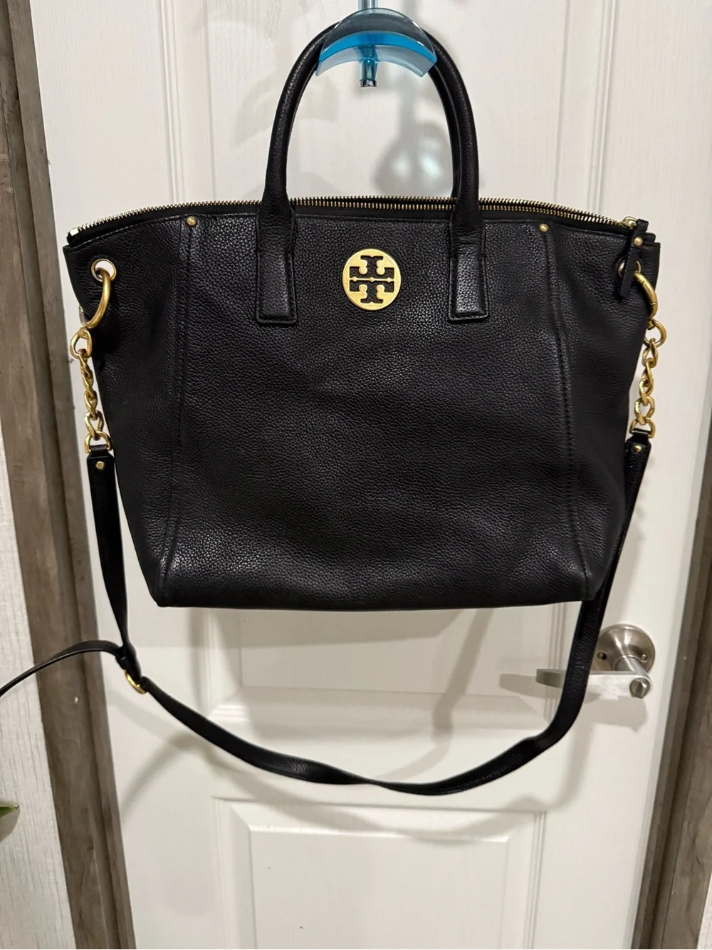 Tory Burch Black Pebbled Leather Shoulder Bag with Gold Logo