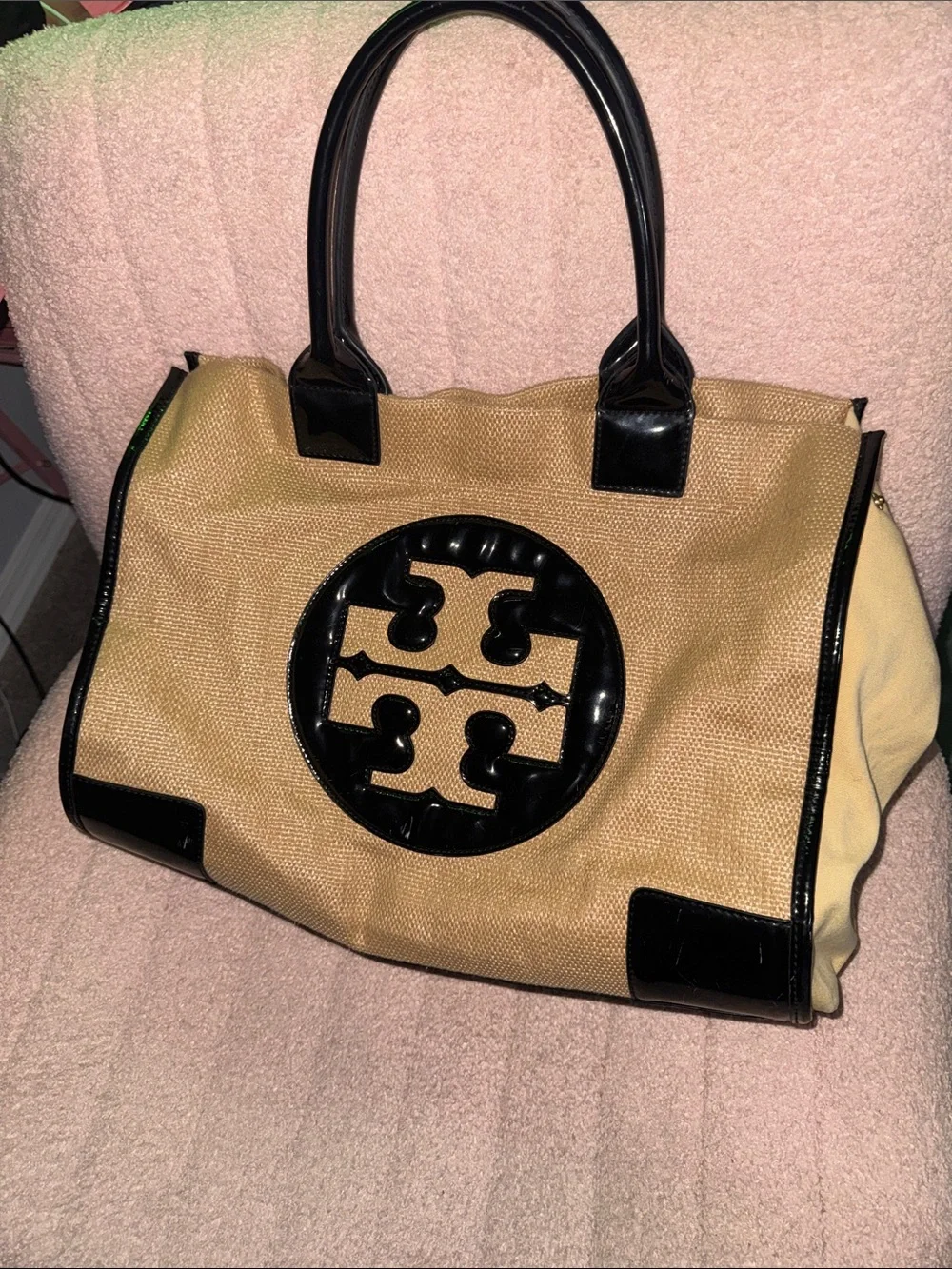 Tory Burch Tan Tote with Black Patent Logo and Trim