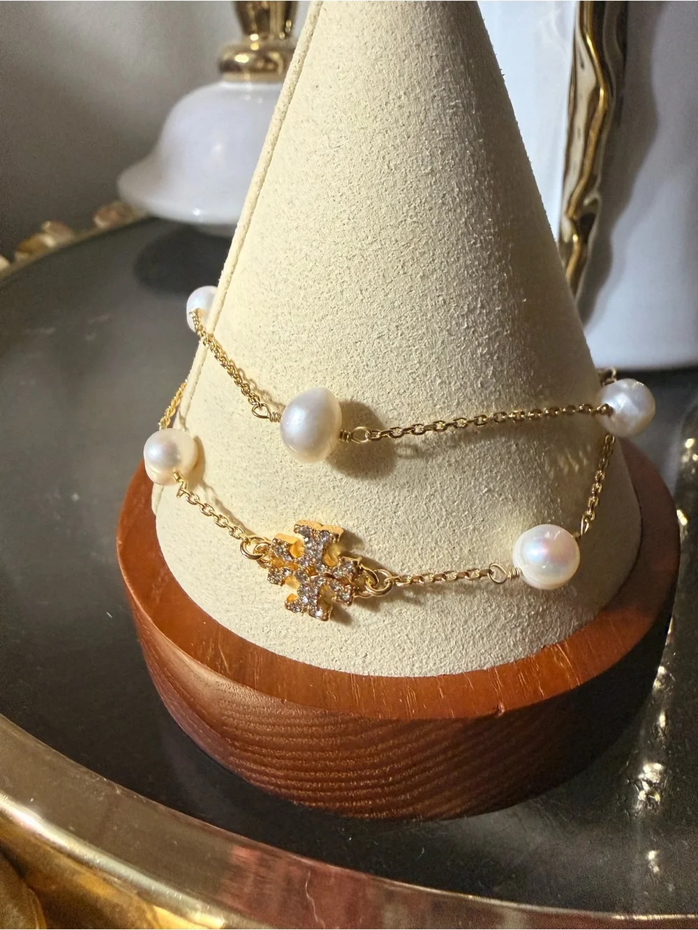 Tory Burch Gold Double Chain Bracelet with White Pearls and Pave Logo Charm