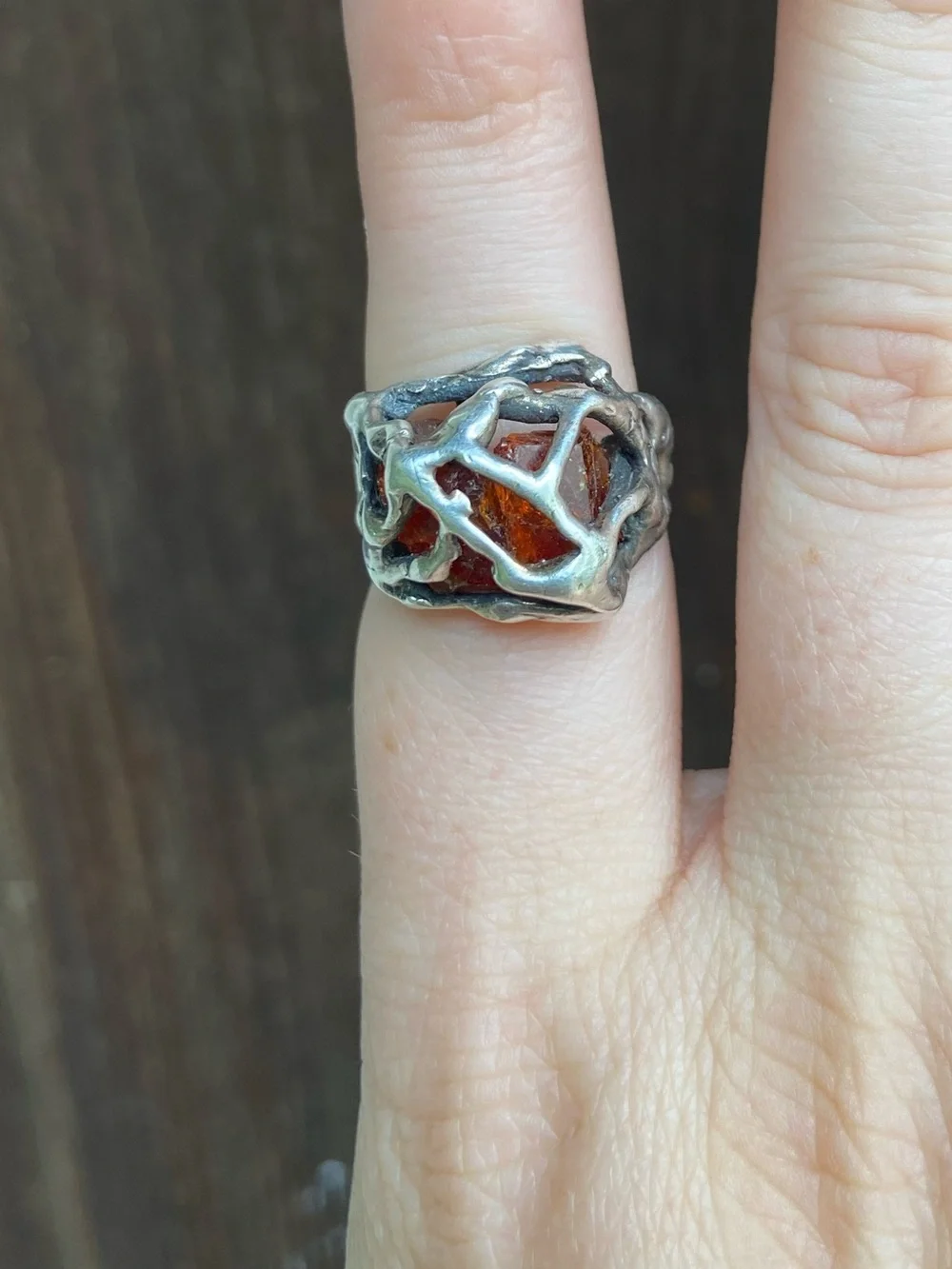 Sterling Silver Amber Brutalist Ring - Vintage