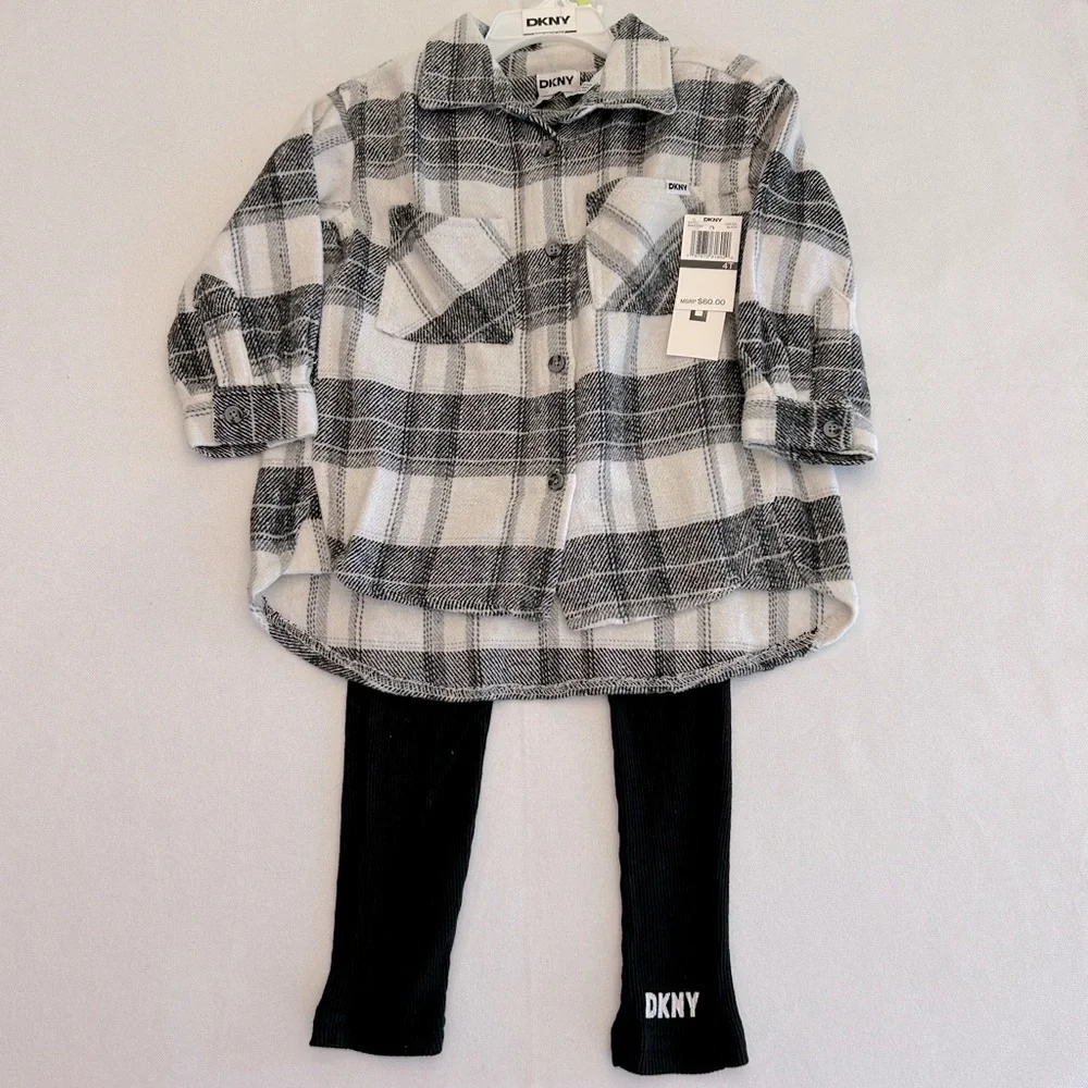 DKNY 4T 2 Piece Set Flannel Plaid Button-Down Shirt & Leggings  NEW