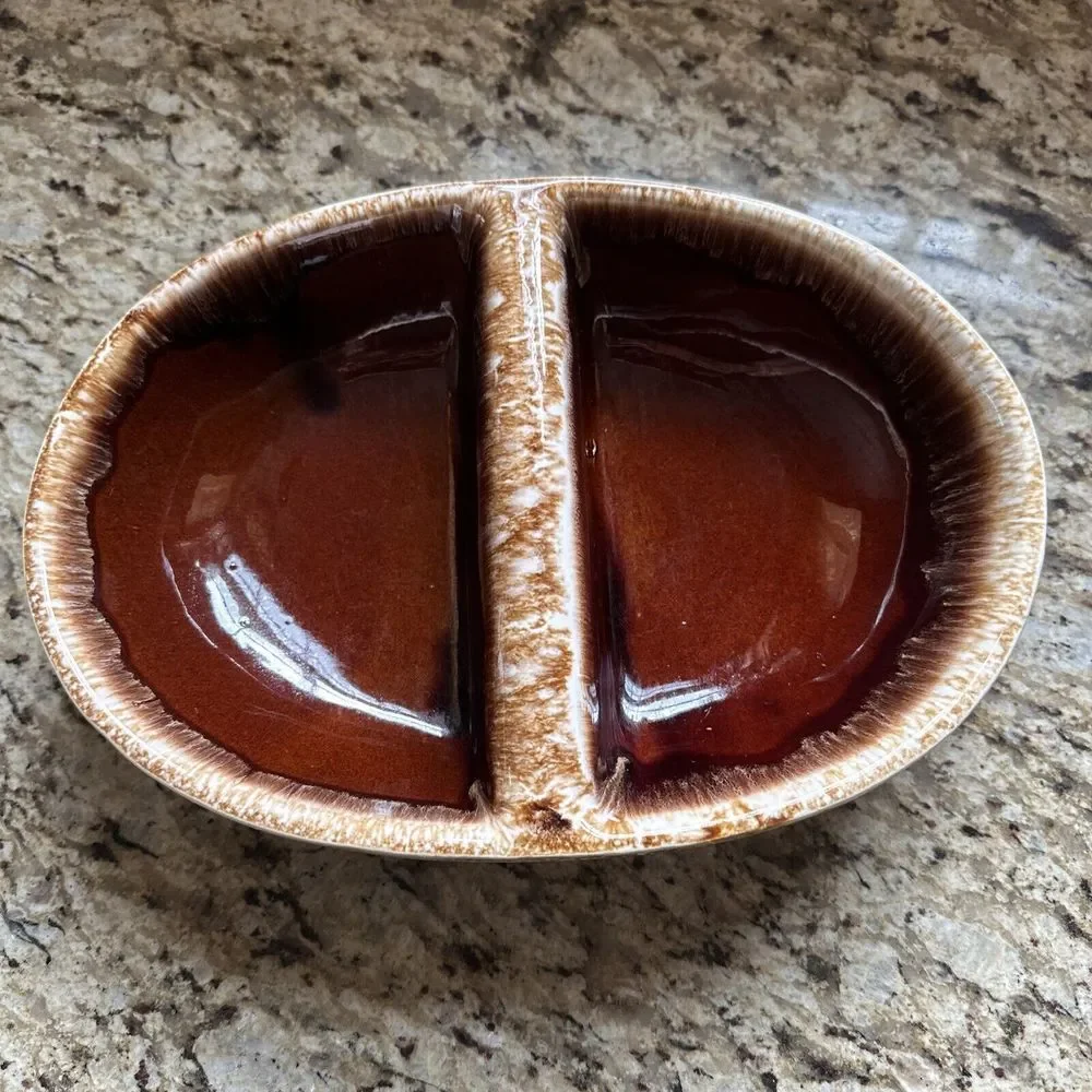 Vintage Brown Drip Divided Dish IK Kathy Kale Pottery USA 1960s‎ Serving Dish