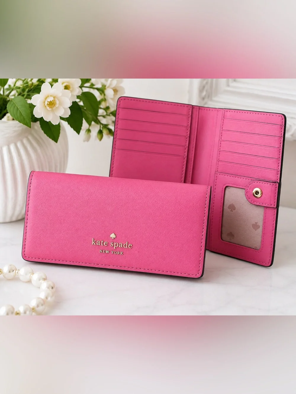 Kate Spade Pink Continental Snap Wallet Card Holder ID Zip Pocket