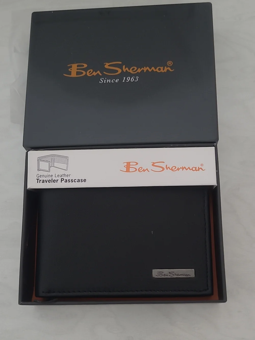 Ben Sherman Black Slim Genuine Leather  Traveler Passcase with Silver Logo Plate
