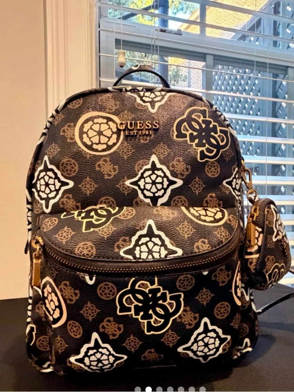 GUESS House Party Black Logo-Print Backpack with Cream Accents