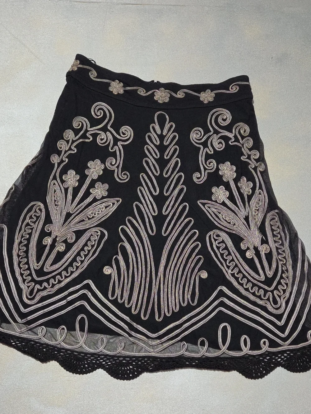 Black A-Line Skirt with Silver Embroidered Motif