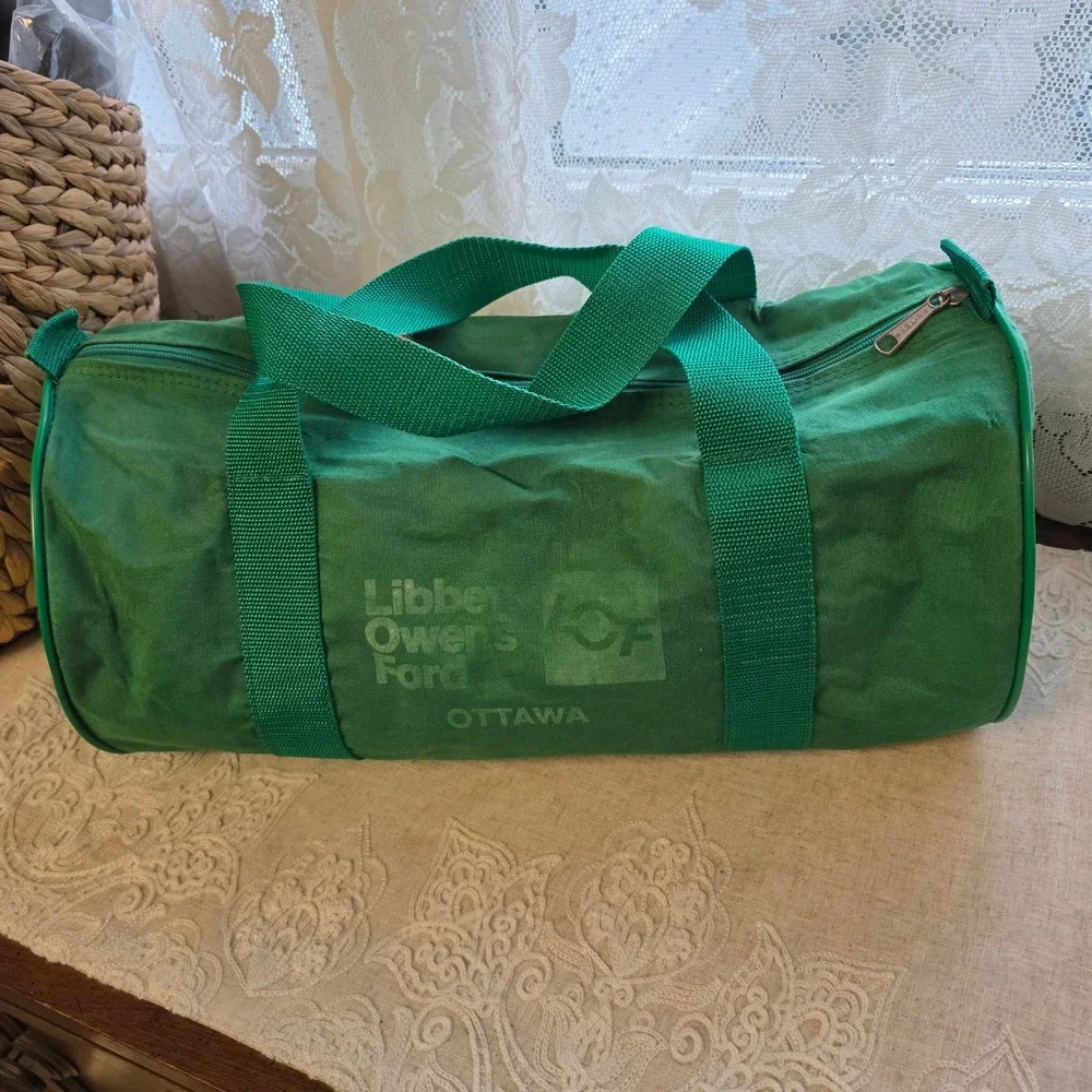 Vintage Canvas Duffle Gym Bag Libbey-Owens-Ford Ottawa‎ Green Air-Tex