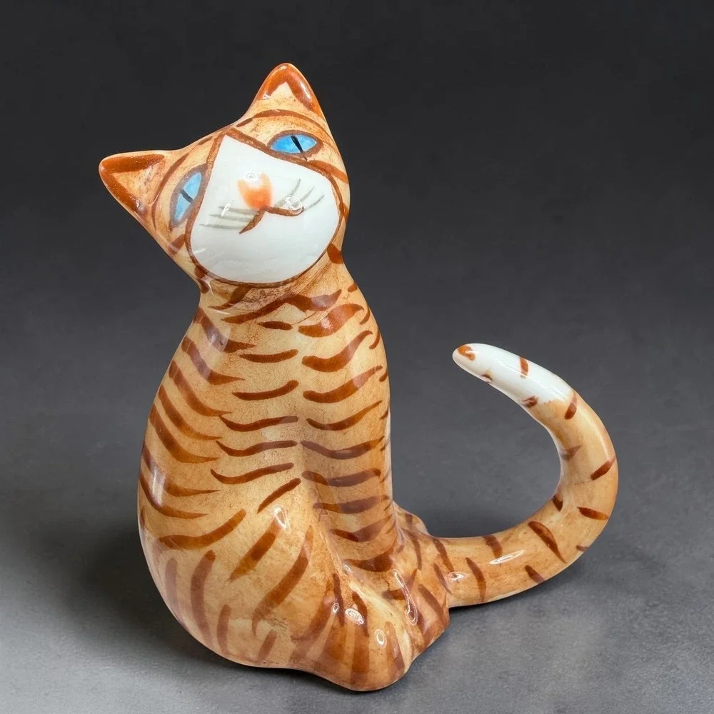 Vintage Fine Bone China Orange Tabby Cat Figurine Blue‎ Eyes Ginger Striped 3in