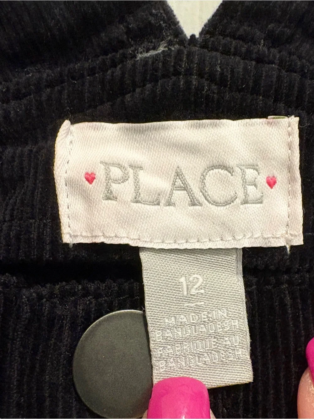 The Children’s Place Black Corduroy Snap-Front Overall Dress size 12 girls