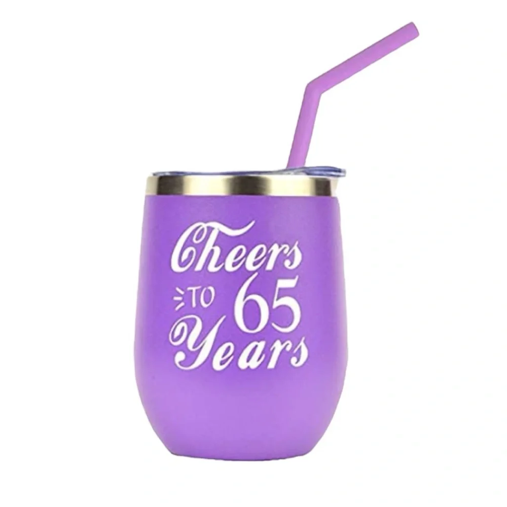 NWOB Travel Cup Mug‎ Cheers to 65 Years Cap Insulated Metal Straw Cleaning Brush