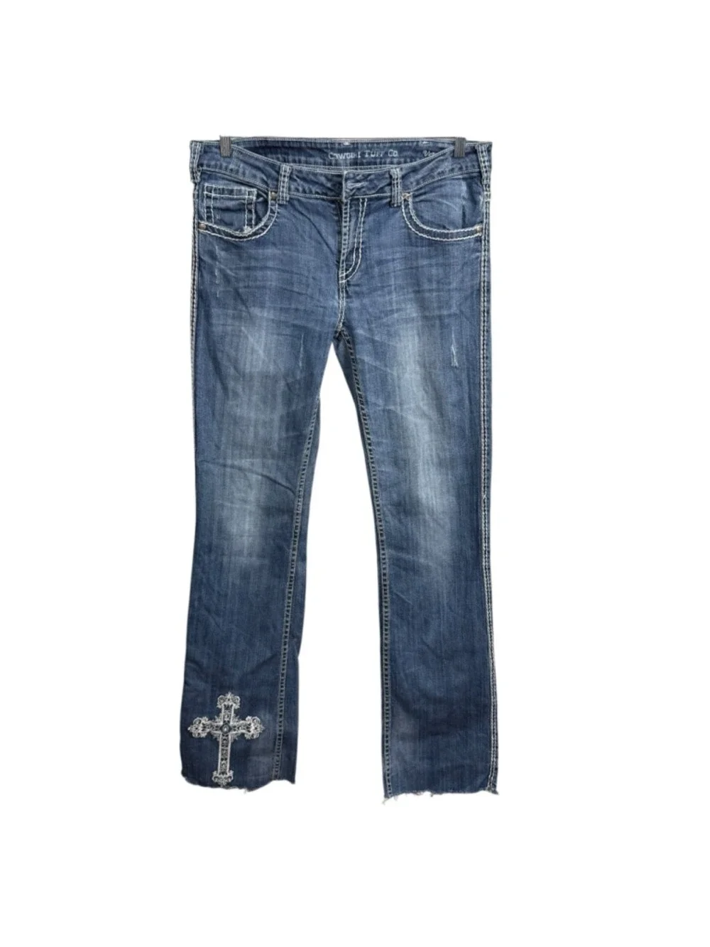 Cowgirl‎ Tuff Victory White Cross Embroidered Bootcut Jeans 33x37