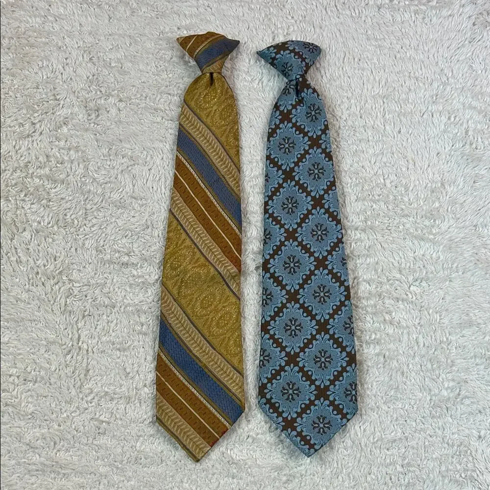 Lot‎ bundle 2 vintage 70s clip on ties - brown, gold, and blue