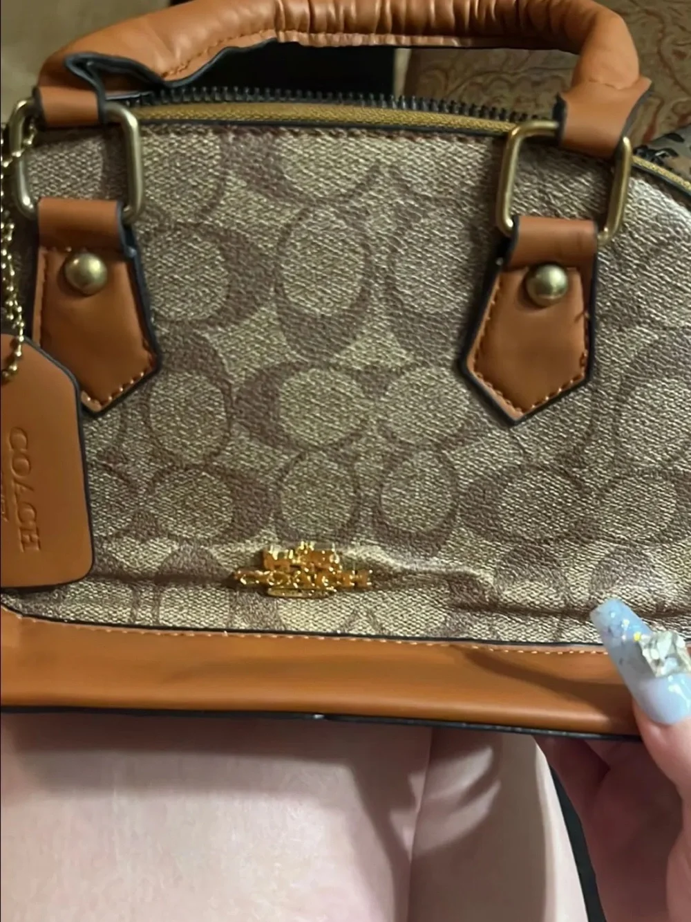 Coach Mini Signature Satchel in Brown and Tan with Gold Hardware