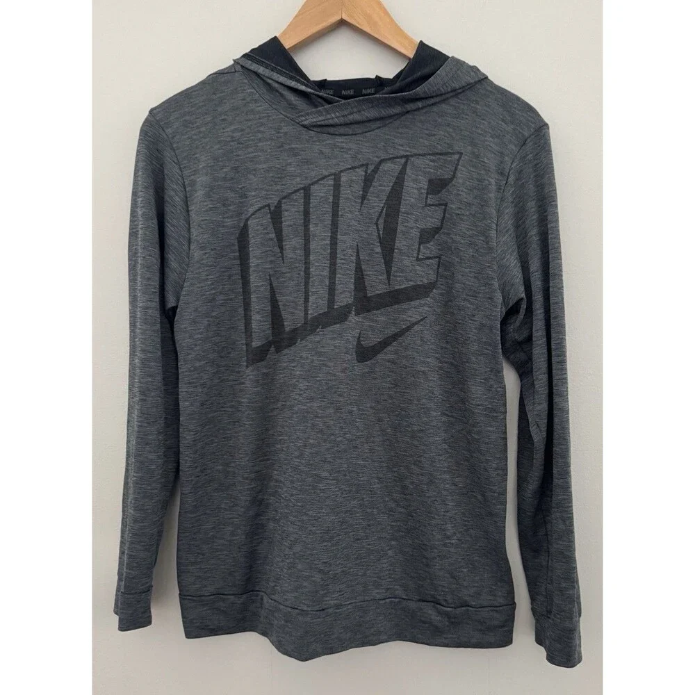Nike YXL Gray/Black Logo Hooded Dri-Fit Long Sleeve T-Shirt