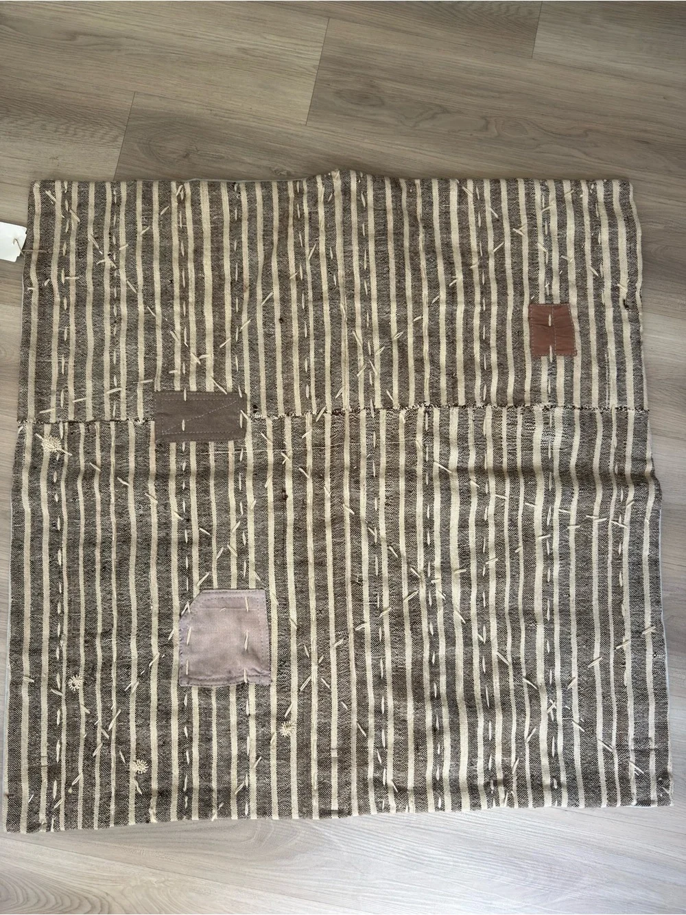 Tapestry  Vintage Upcycled Striped  2’11” x 2’11 in Brown and Cream