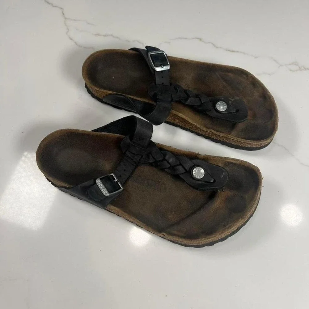 Birkenstock Gizeh Sandals Womens Black Braided Leather T-Strap Thong 38 Narrow