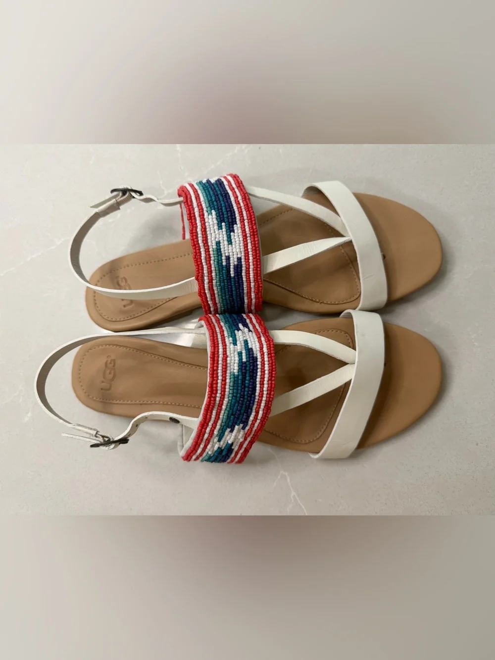 New UGG Verona Serape Beaded White Leather Strappy Slingback Sandals, 10
