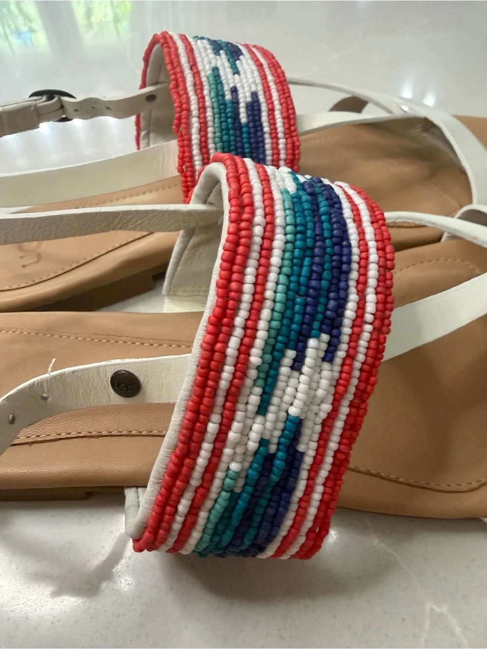 New UGG Verona Serape Beaded White Leather Strappy Slingback Sandals, 10