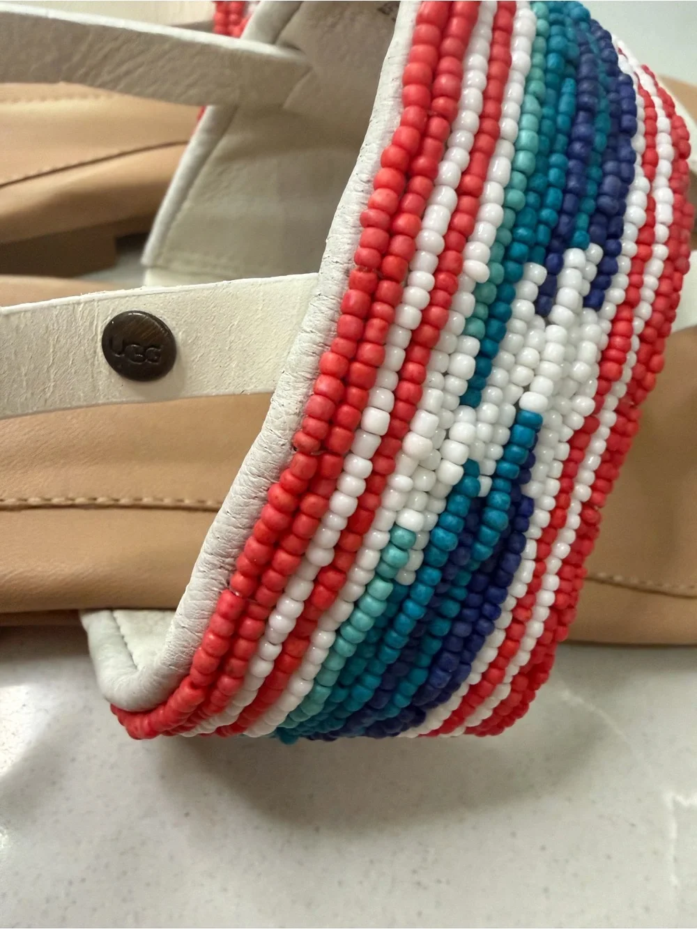 New UGG Verona Serape Beaded White Leather Strappy Slingback Sandals, 10