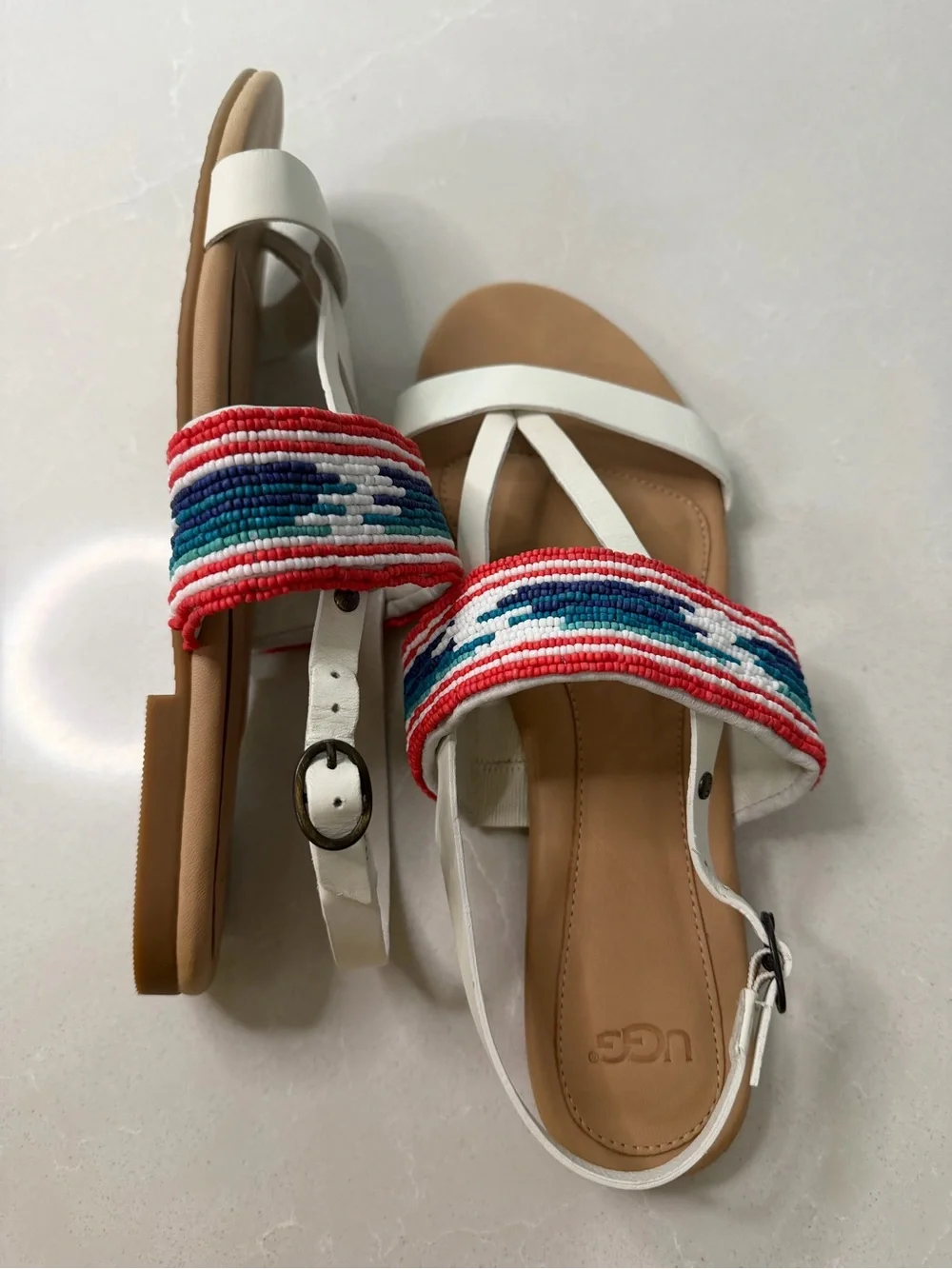 New UGG Verona Serape Beaded White Leather Strappy Slingback Sandals, 10