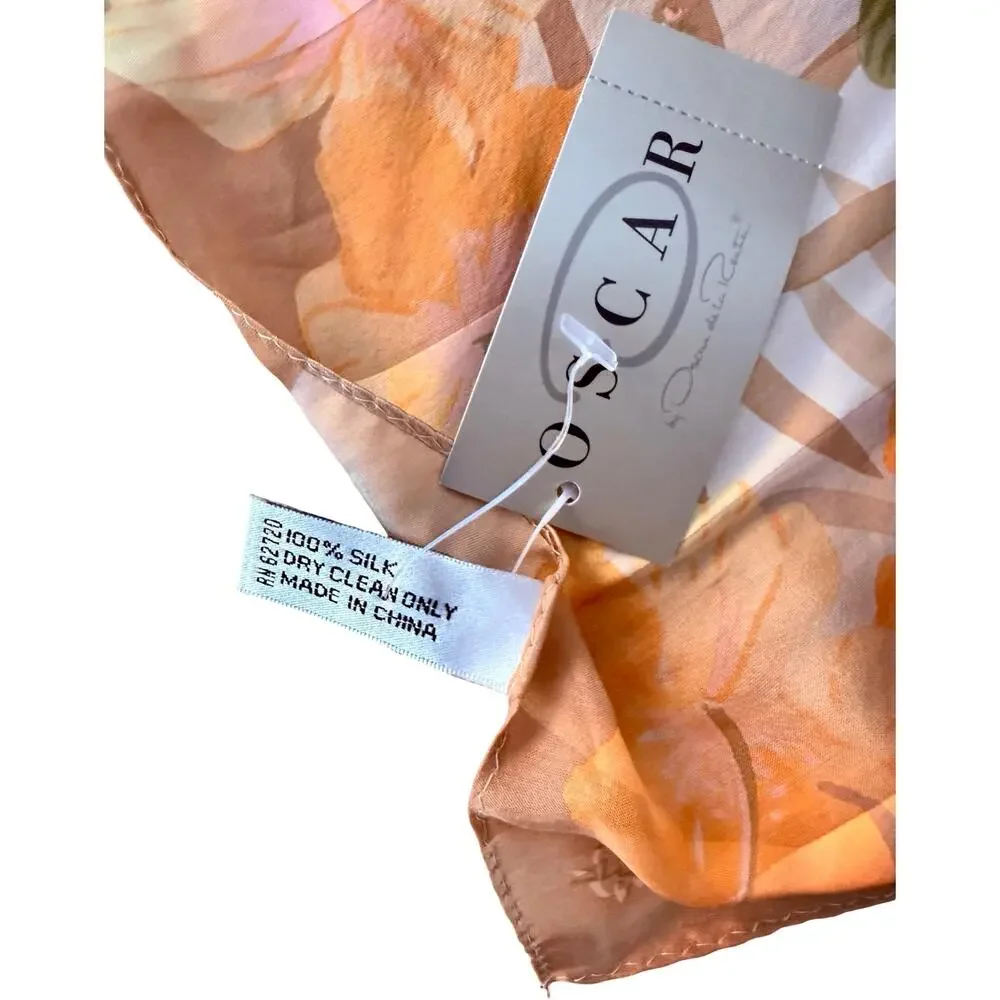 Vintage Oscar de la Renta Silk Hibiscus Floral Scarf 1990s Peach Gold NWT 34in