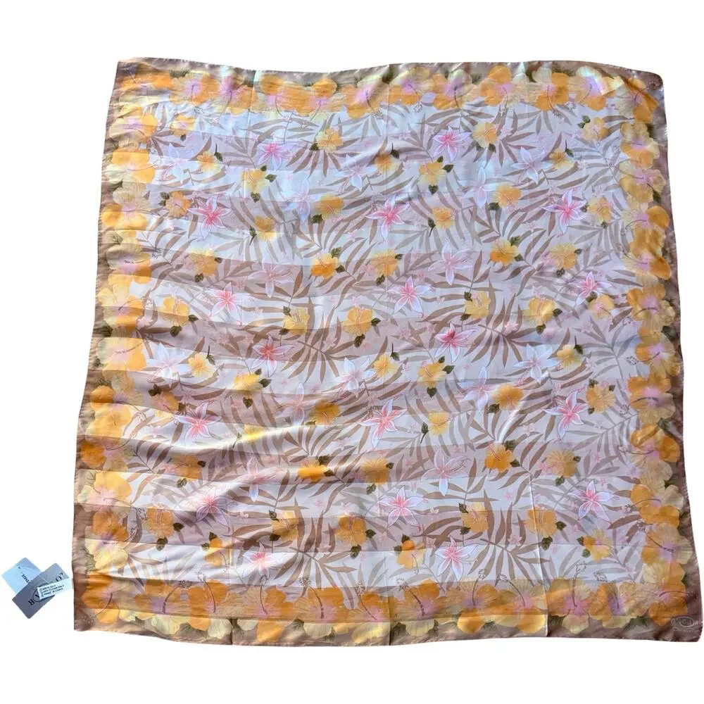 Vintage Oscar de la Renta Silk Hibiscus Floral Scarf 1990s Peach Gold NWT 34in