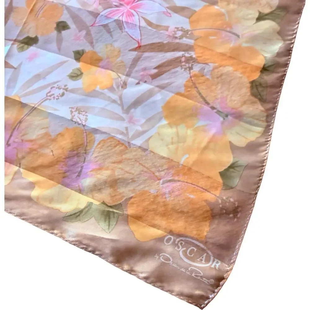 Vintage Oscar de la Renta Silk Hibiscus Floral Scarf 1990s Peach Gold NWT 34in