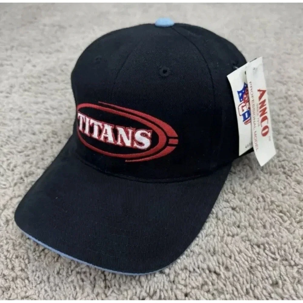 Tennessee Titans Hat Annco Black Strapback Red Circled Spellout Vtg NFL Cap NOS*