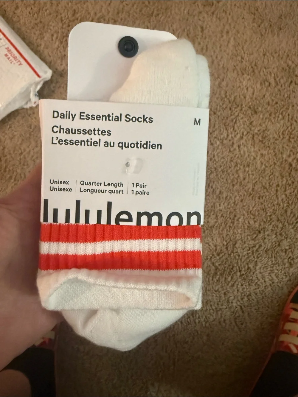 lululemon athletica White Quarter Socks with Red Stripes