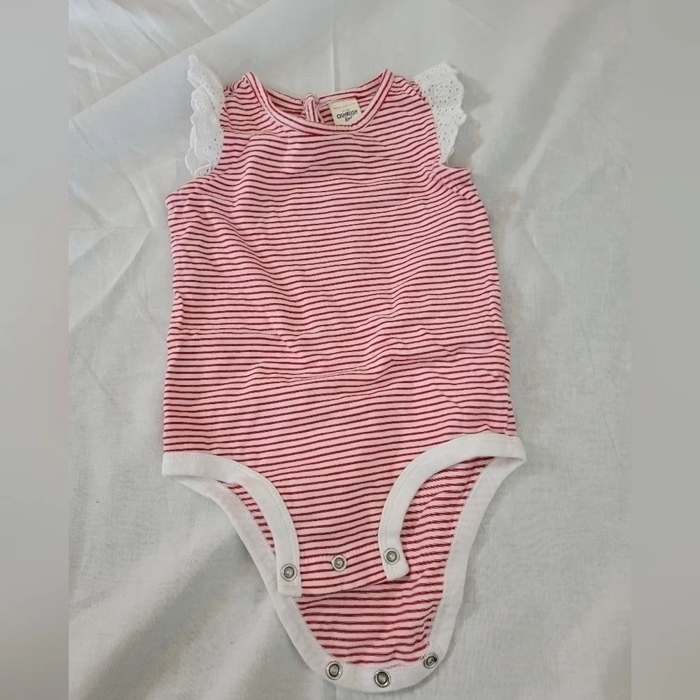 OshKosh red & white striped eyelet lace flutter sleeve onesie 9m