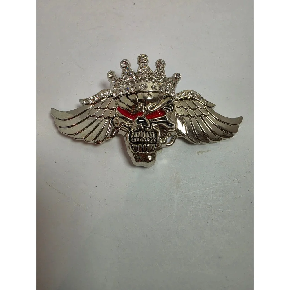 Skull Belt Buckle Winged Crown Rhinestone Red Eyes Silver Tone Biker Gothic