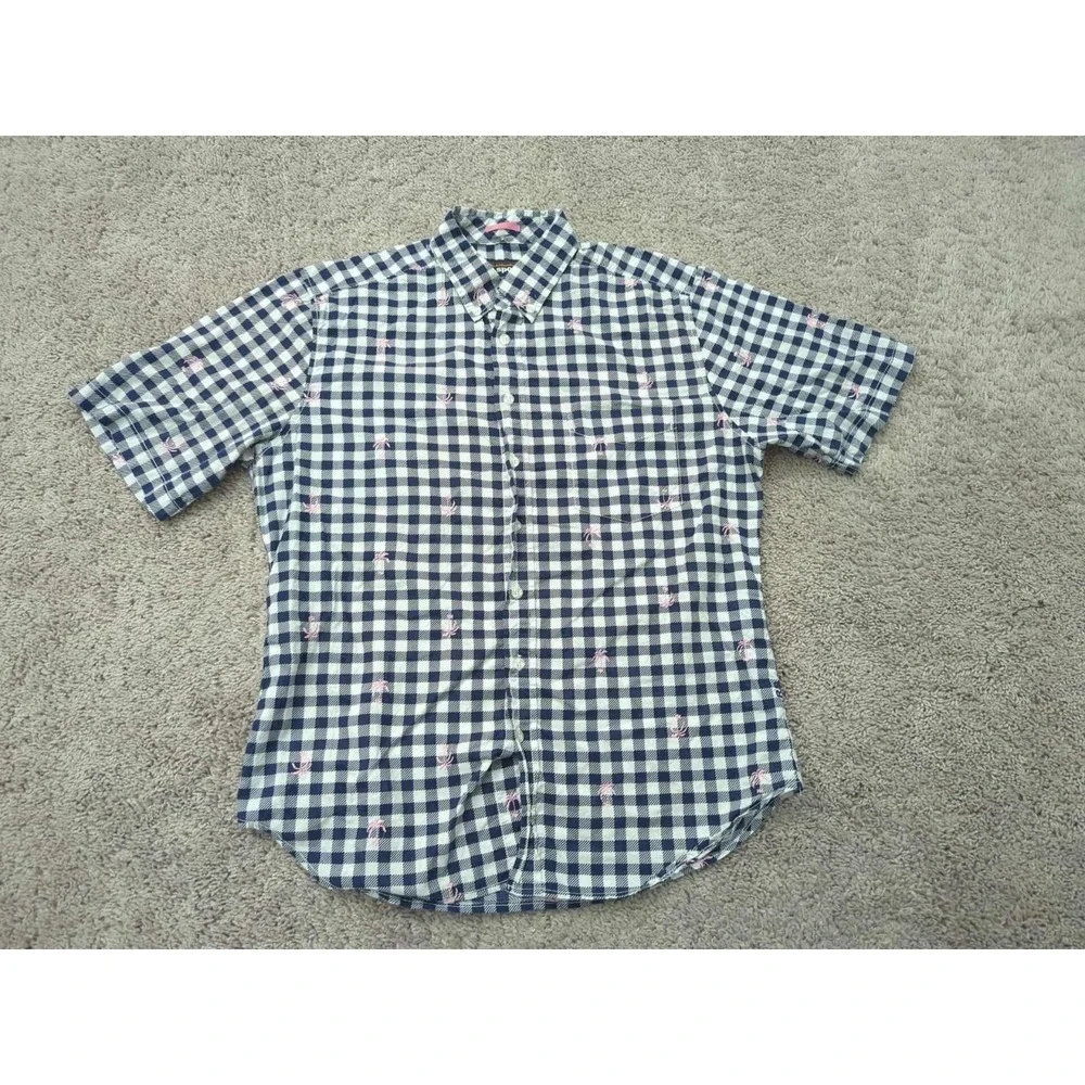 Reyn Spooner Button Up Shirt Mens M Blue Gingham‎ Pink Palm Trees Hawaiian
