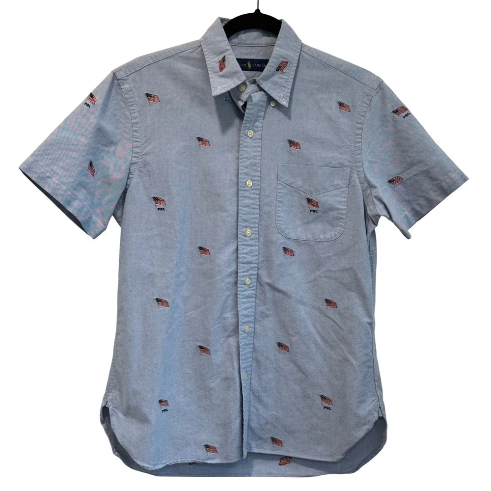 Polo Ralph Lauren Mens Short Sleeve Oxford Shirt Blue American Flag Small