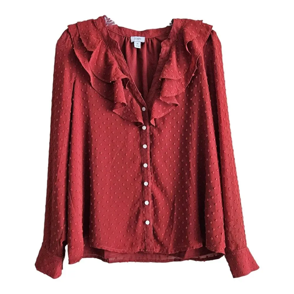 J. CREW Women M Blouse Ruffle Swiss Dot Rust Button Up Long Sleeve Lined 40
