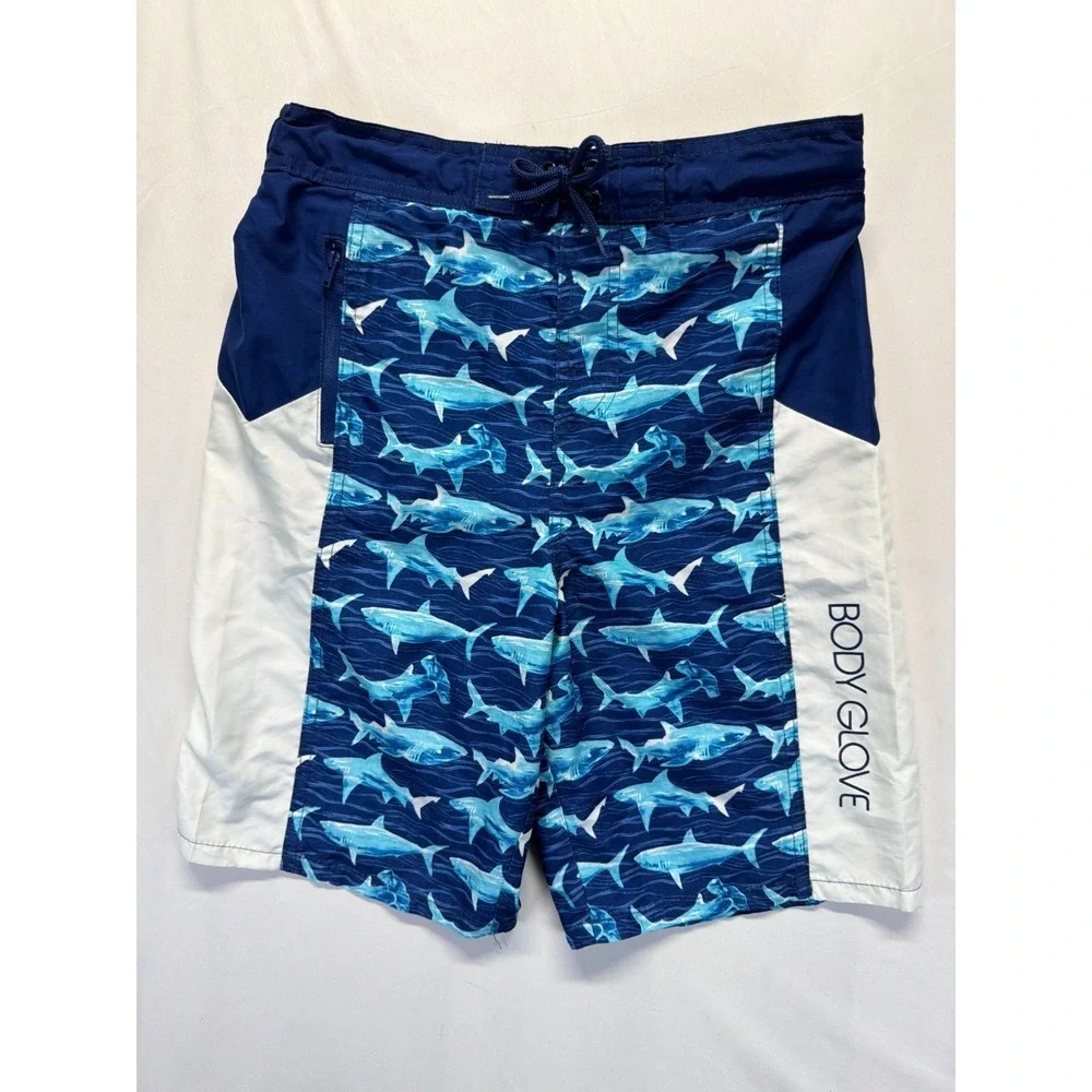 Body Glove Swimwear Trunks Shorts Boys Large Blue Shark‎ Print White Side Panels