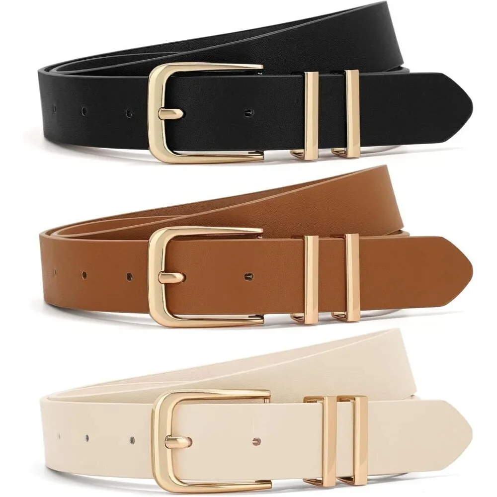 3 Pack Women Belts For Jeans Dresses Pants Ladies Leather Waist Belt with Gold B