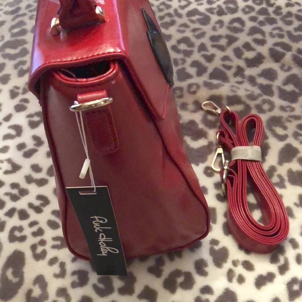 Pink Haley Red Faux Leather Satchel Bag Purse Crossbody Black Heart