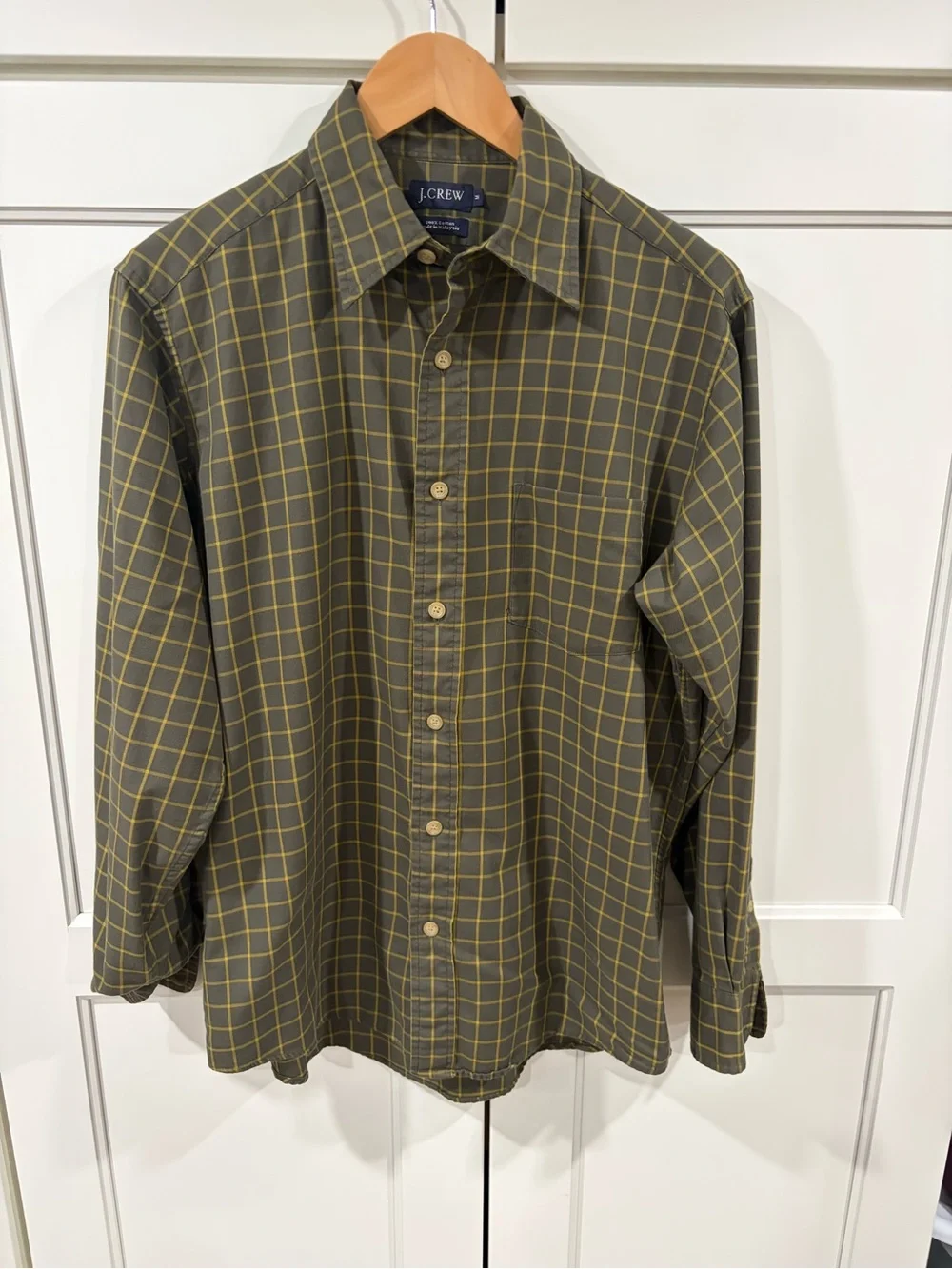 J. Crew Olive Green Plaid Button-Down Shirt with Yellow Grid