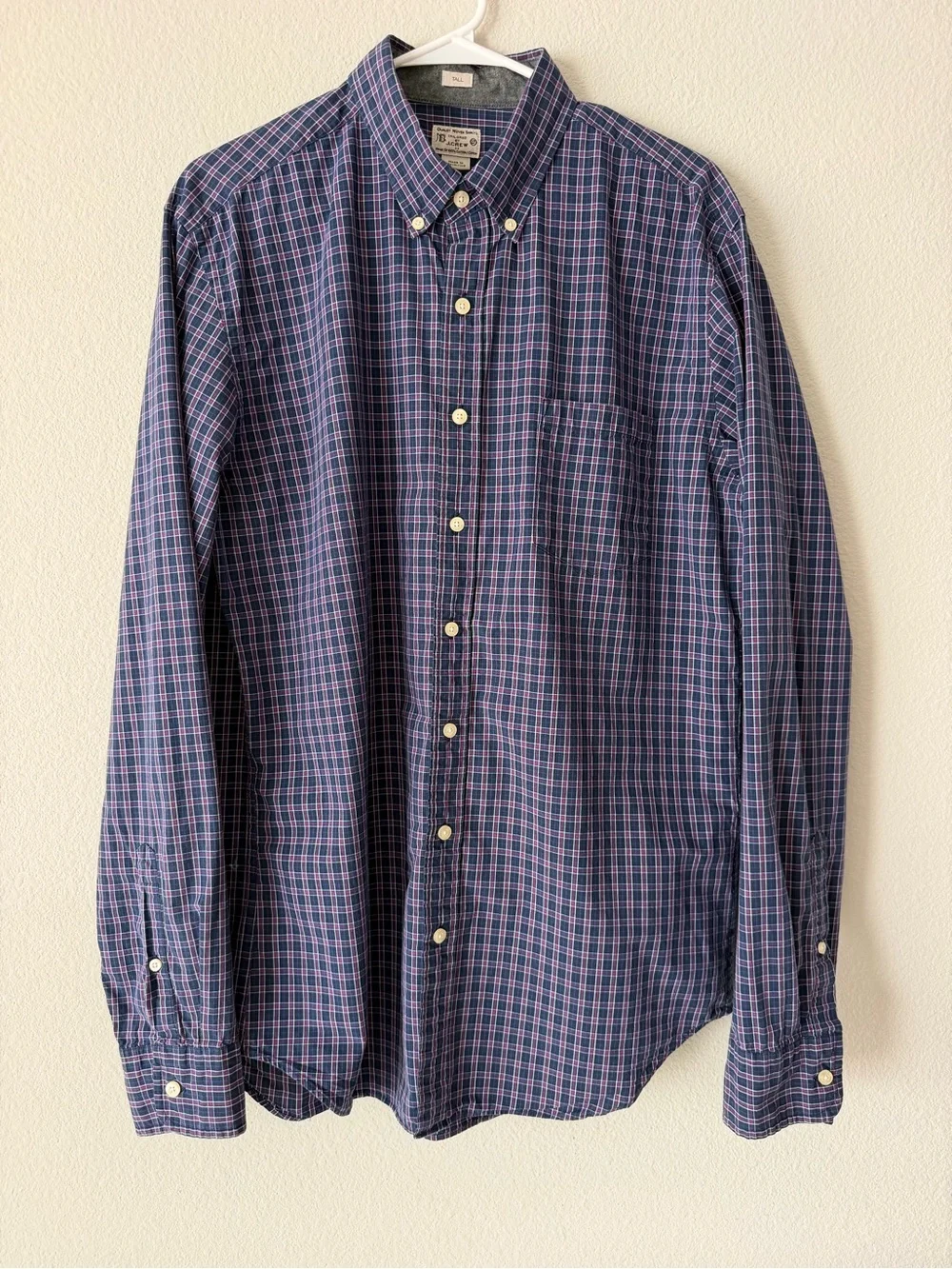 J.Crew Tailored Tall Men's L Button-Down Shirt Blue Plaid 100% Cotton Workwear