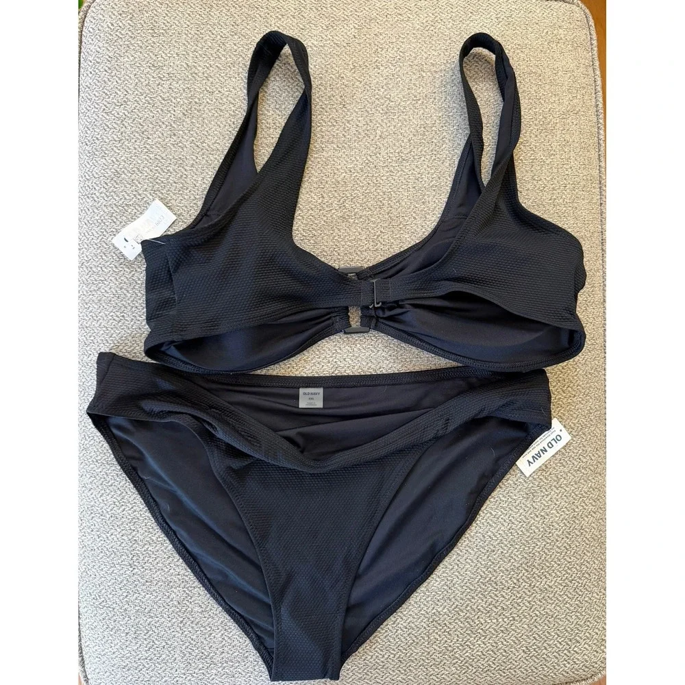 NEW Women's Black XXL Textured Mid Rise Scoop‎ Neck Wide Strap Swim Suit Set
