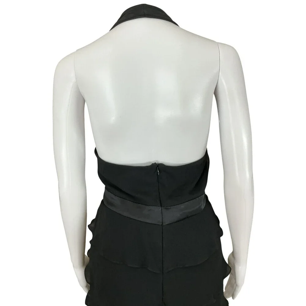 VTG Tadashi Shoji Silk Chiffon Maxi Dress Size 10 Black Halter Open Back Tiered