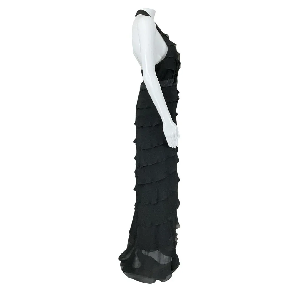 VTG Tadashi Shoji Silk Chiffon Maxi Dress Size 10 Black Halter Open Back Tiered