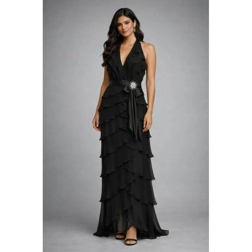 VTG Tadashi Shoji Silk Chiffon Maxi Dress Size 10 Black Halter Open Back Tiered