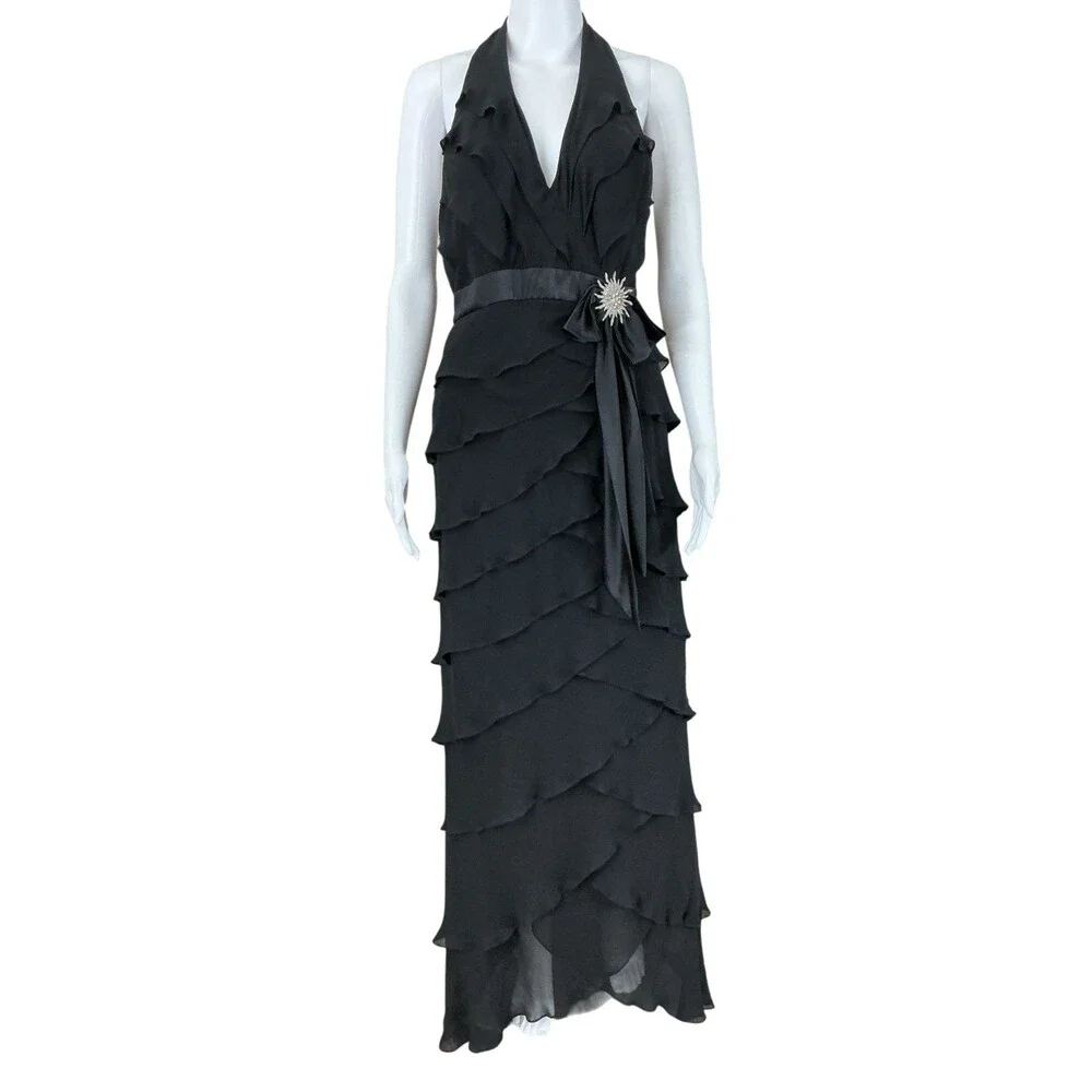 VTG Tadashi Shoji Silk Chiffon Maxi Dress Size 10 Black Halter Open Back Tiered