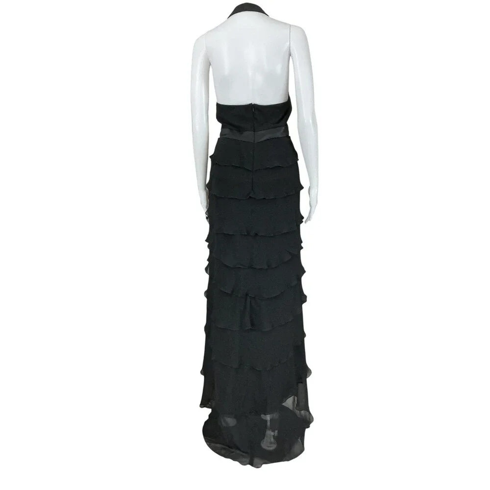 VTG Tadashi Shoji Silk Chiffon Maxi Dress Size 10 Black Halter Open Back Tiered