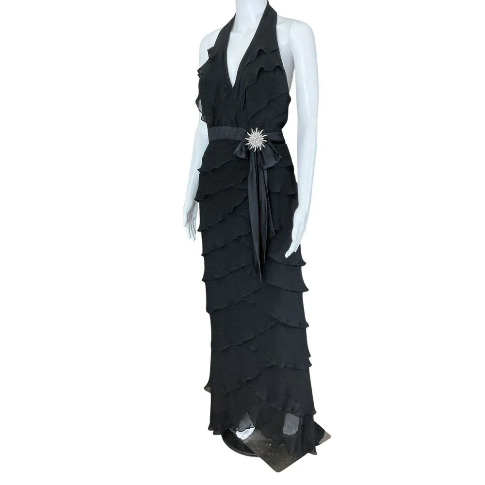 VTG Tadashi Shoji Silk Chiffon Maxi Dress Size 10 Black Halter Open Back Tiered