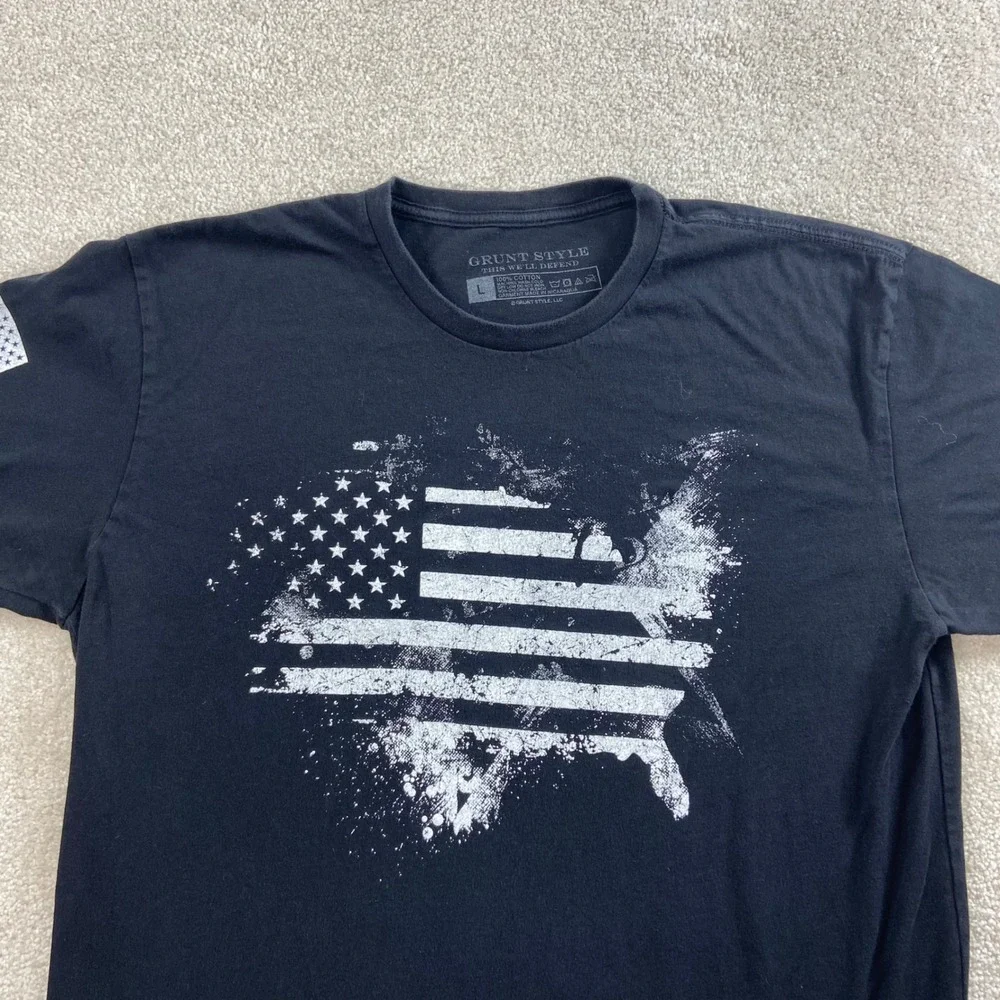 Grunt Style T-Shirt Men Large Black American Flag Graphic Distressed Cotton Tee