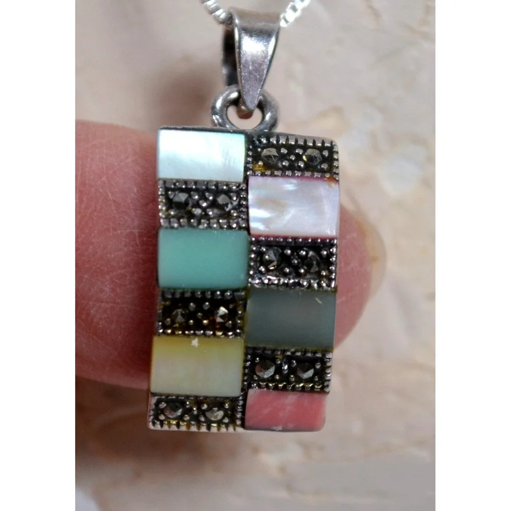 Vintage New Pastel MultiColor Stones Marcasites 925 Sterling Silver Necklace 18